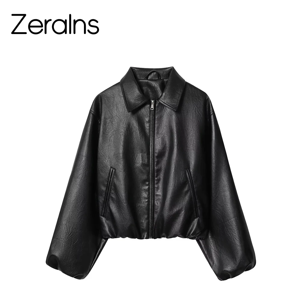 ZERAINS Autunno nuove donne abbigliamento Giacca da pilota in pelle PU allentata a maniche lunghe con risvolto europeo e americano