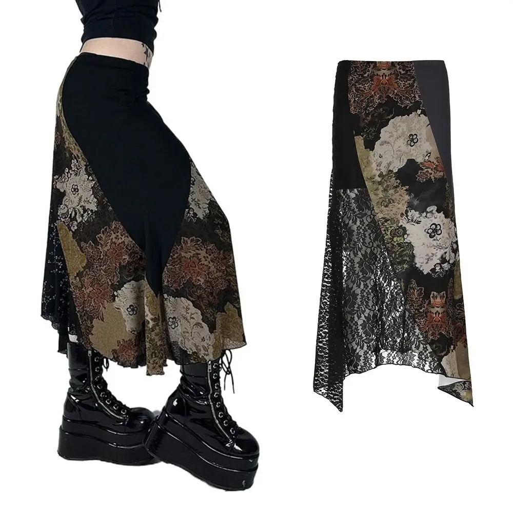 

Y2k Floral Print Long Midi Skirt Vintage High Waist A-Line Maxi Skirt Ruffle Lettuce Trim Retro Clothing Girl
