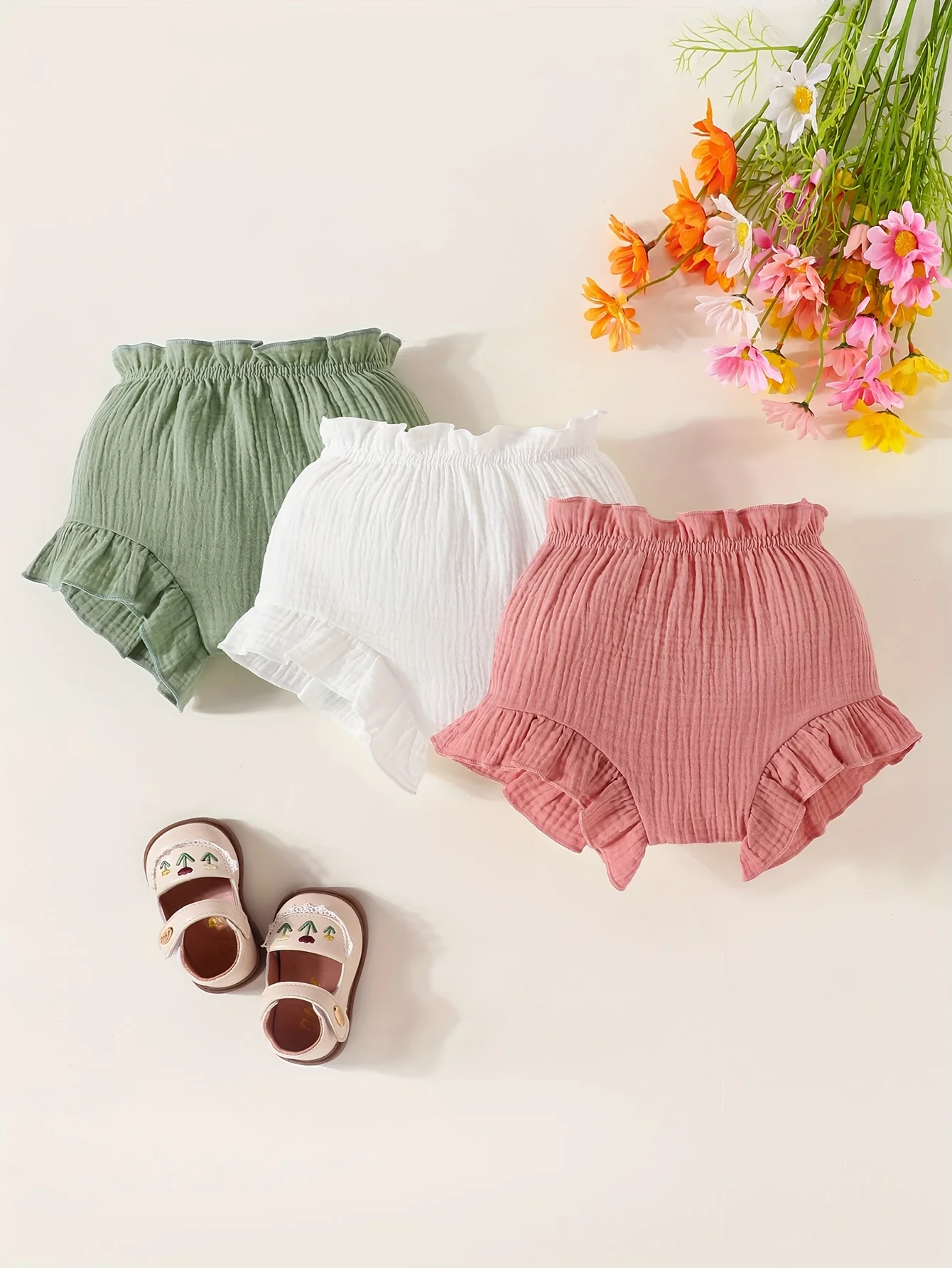 3-Piece Summer Cute Baby Girl Climbing Pants Comfortable Breathable Shorts Newborn Baby Casual Solid Cotton Color Pants