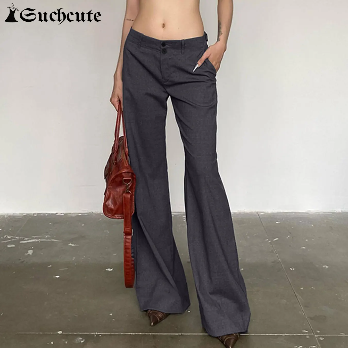 SUCHCUTE Women Solid Low Waist  Straight-leg Suit Pant Korean Female Office Elegant Gray Trousers 2024 Autumn Streetwear Outfits