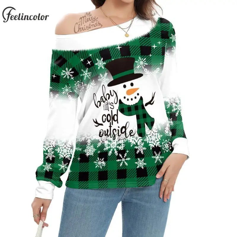 Long Sleeve Christmas T-Shirts for Women Snowman Wears Magic Hat Off Shoulder Shirts White Green Tee Xmas Tops Female Clothing