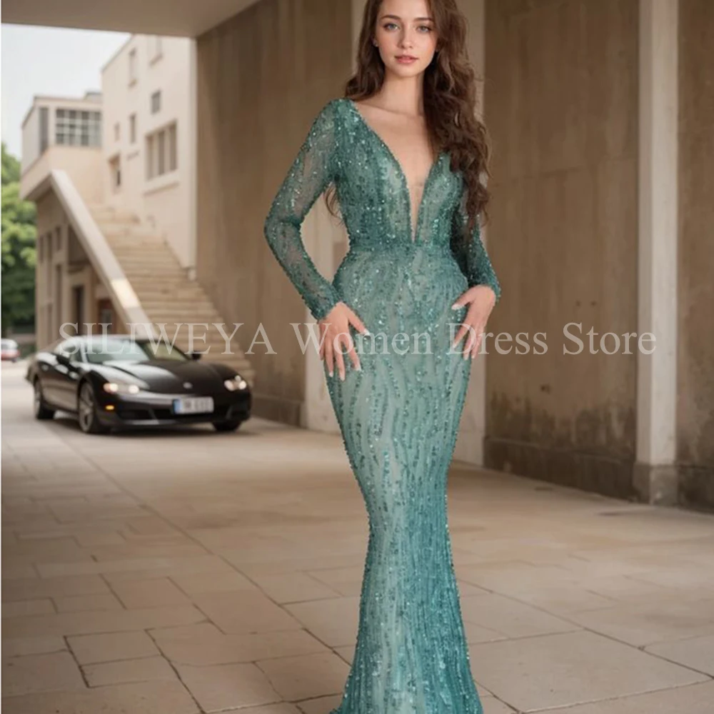 High-end Green Women Prom Dresses V-neck Floor Length Full Sleeves Mermaid Sequined Shiny Smart Female Banquet Prom Gowns