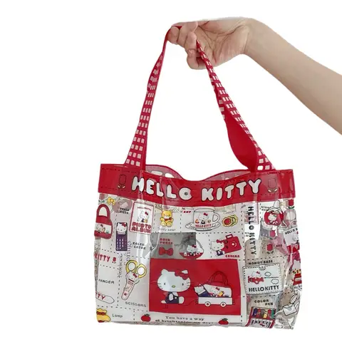 Hello Kitty sac à couches Portable étanche PVC Transparent grande capacité sac à provisions en plein air pour femmes à la mode