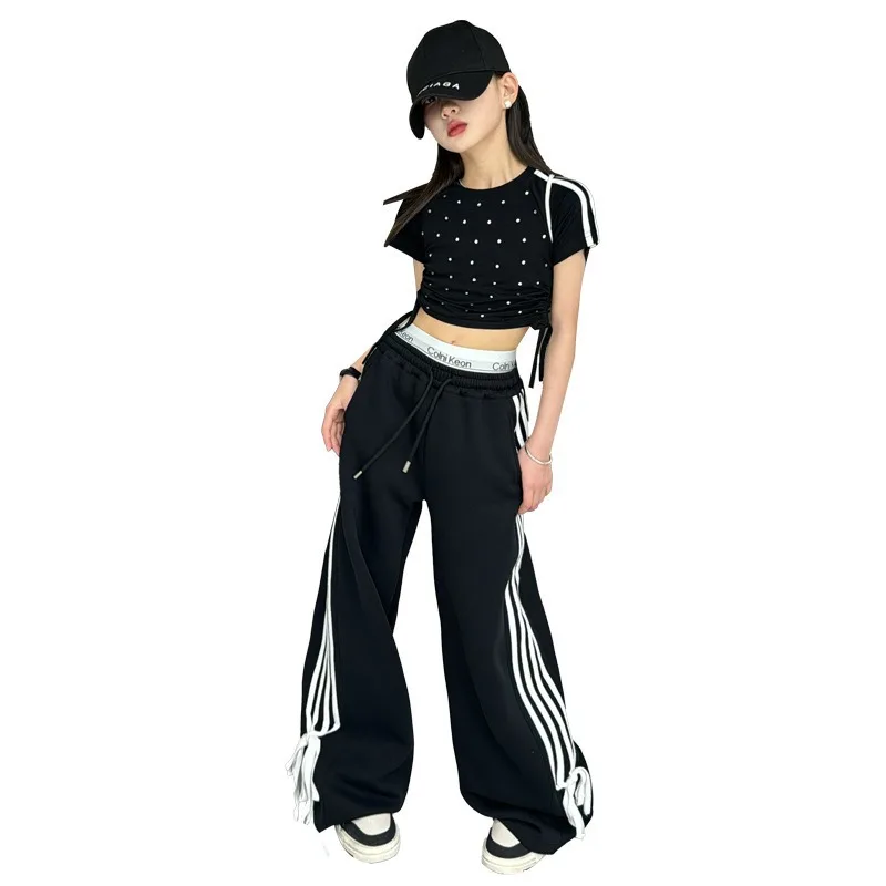 Girls Spring and Summer Set 2024 New Bright Short-sleeved T-shirt Casual Sports Pants Two-piece Jazz Dance Performance Wear