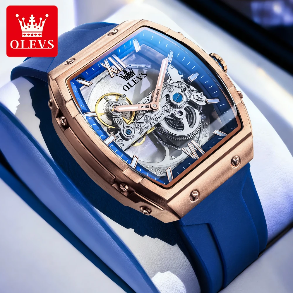 OLEVS Fashion Skeleton Mechanical Watch Mens Business Sport Waterproof Luminous Silicone Strap Hollow Tourbillon Watches For Men
