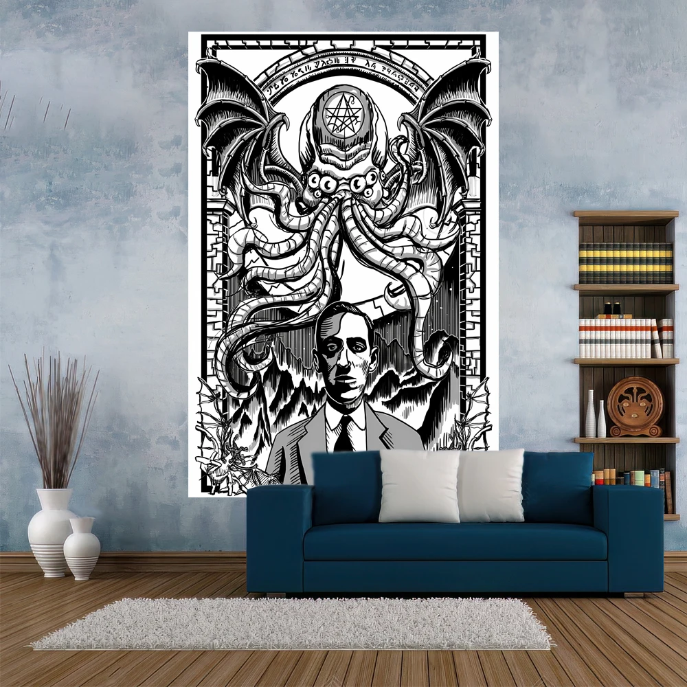 Anime Cthulhu Tapestry Black And White Printed Hippie Wall Hanging Aesthetics Home Decoration Dormitory Background Sofa Blanket