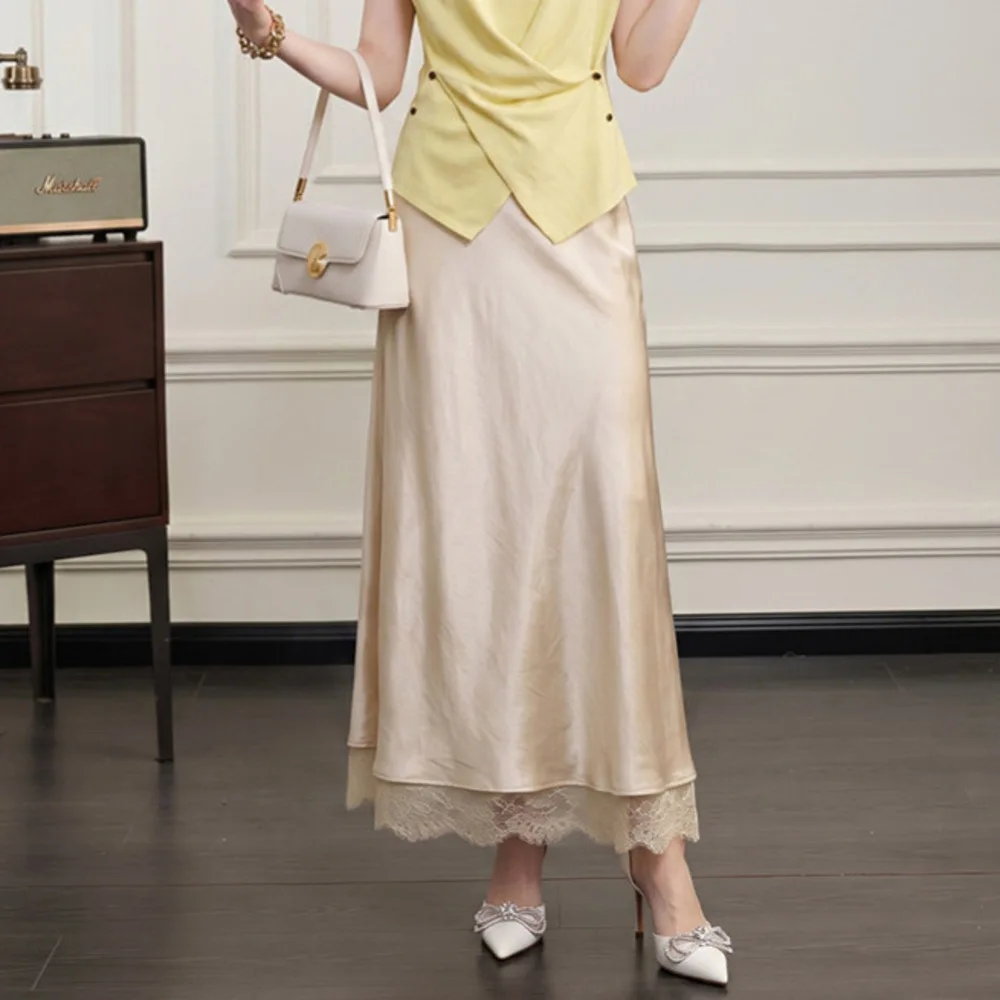 Luxury Lace Patchwork Satin Long Skirts For Women New Spring Summer Fashion Solid Color A-line Elegant Skirt