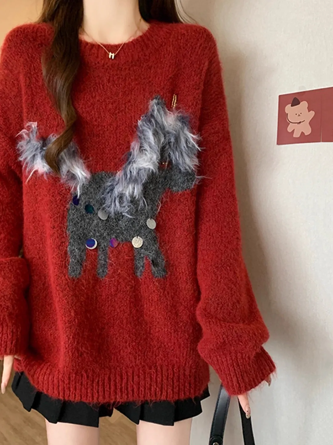 

Korean Sle Oversized Knitted Sweater with Sequin Embroidery for Women Thi Warm Long Sve round Ne Top for Autumn Winter