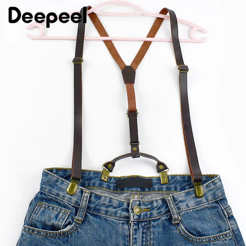 1Pc 1.5*105cm Retro Men Suspenders Unisex 4 Clips Y-Type Strong Leather Strap Braces Male Jeans Jockstrap Casual Men's Suspender