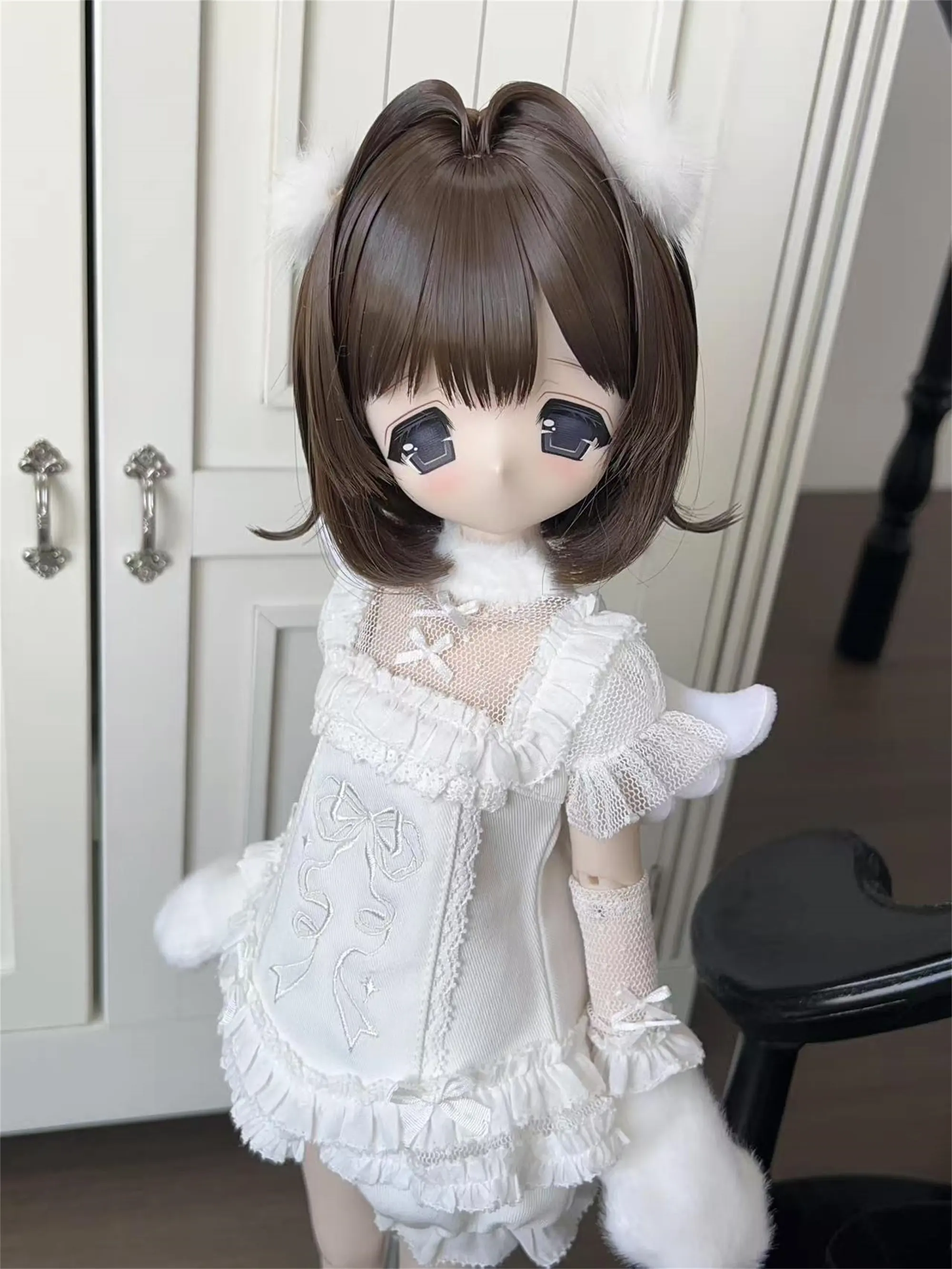 22.5cm Anime Angel's Descent Heat-Styled BJD Wigs In Stock Short Hair Wigs 1/3 White Blue High-temperature Silk Doll Accessories