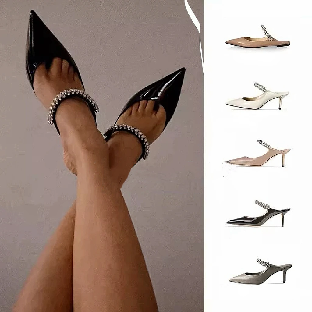 2025 Summer New High-heeled Stiletto Pointed Rhinestone Slippers Women's Outer Wear One-word with Baotou Half Drag Muller Shoes