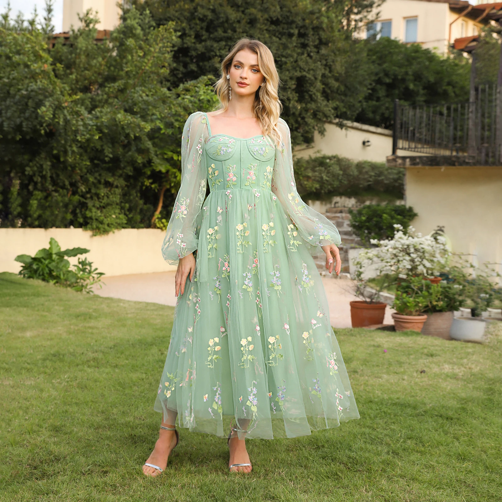 

Green Floral Evening Dresses Flower Tulle Puff Sleeves Sweetheart Collar Bandage Backless Prom Dress Ankle-Length Party Gowns