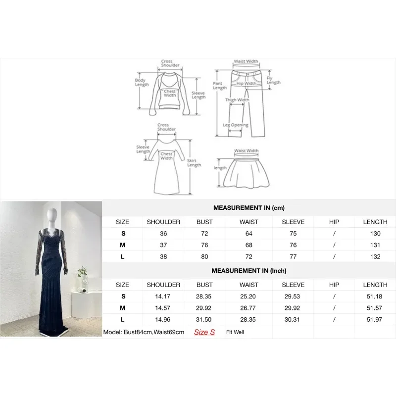 Women's Good Guality Black Diamonds Lace Patchwork Long Sleeve Cut Out Maxi Dress