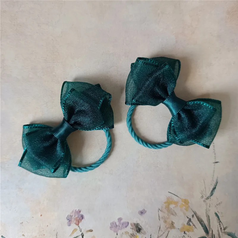 2023 Cute Spring/Summer New Sweet Baby Headrope Girl Children's Dark Green Silk Mini Bowknot Leather Band Hair Loop Hair Rope