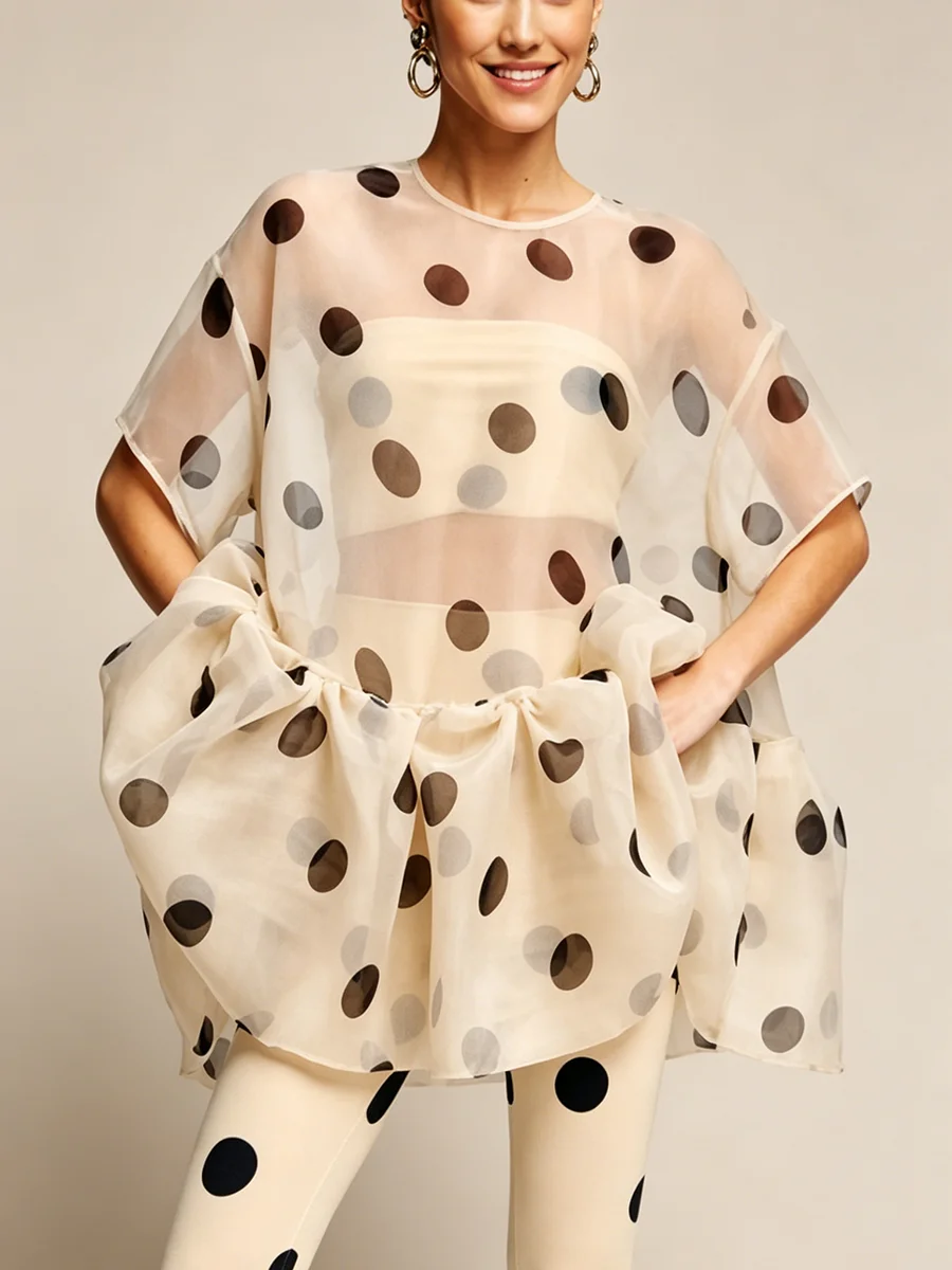 LIMO Women Sheer Organza Polka Dot Blouse Loose Short Sleeve Ruffle Hem See Through Casual Oversized Shirt 2026 Summer