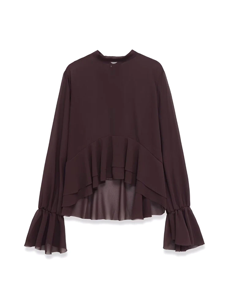 Camicetta asimmetrica semitrasparente chic da donna Camicie femminili alla moda sexy a maniche lunghe con fiocco sul retro