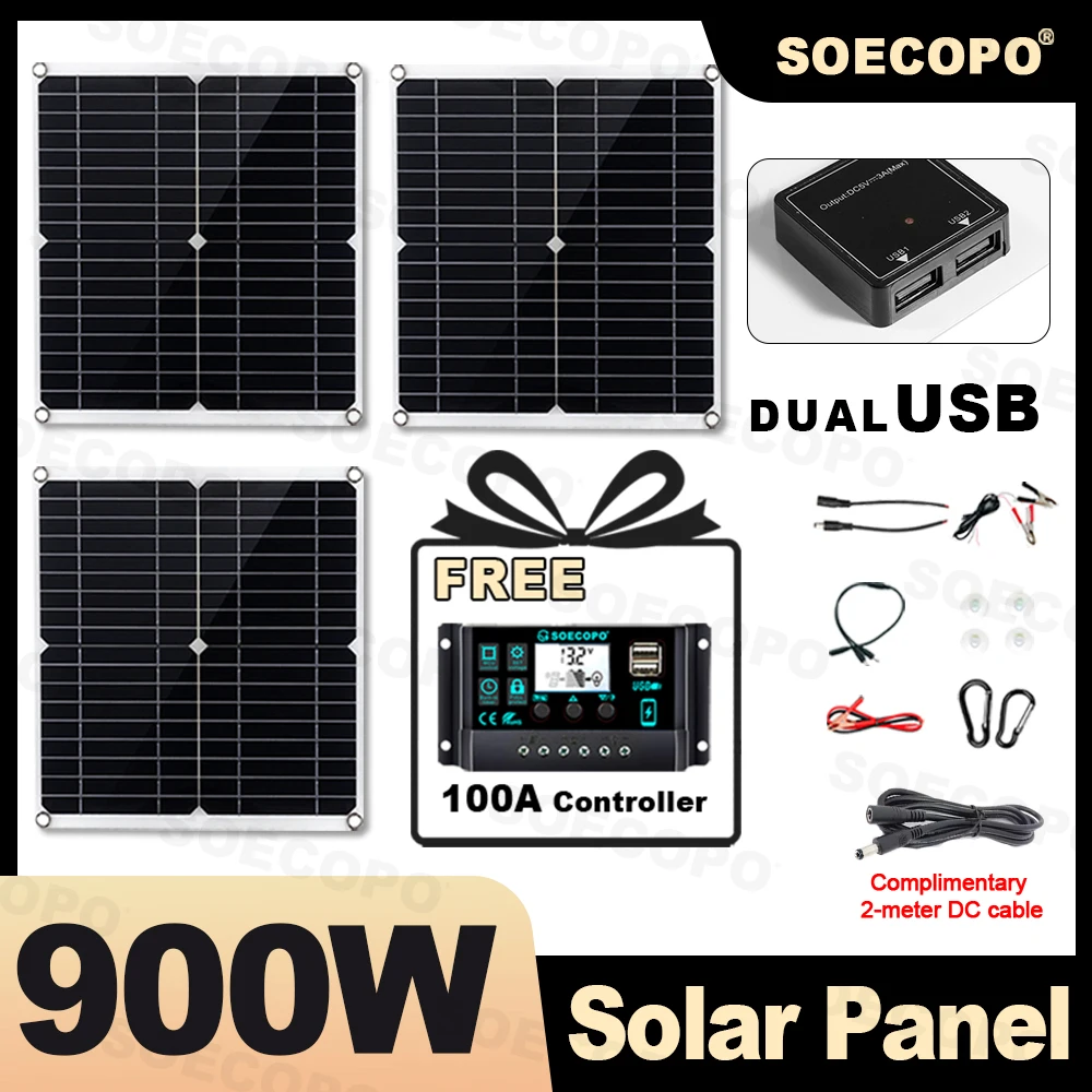 SOECOPO 900W Portable Solar Panel Kit 3 Solar Panels with Free 100A Controller Dual USB 5V Camping Equipment Power Supply