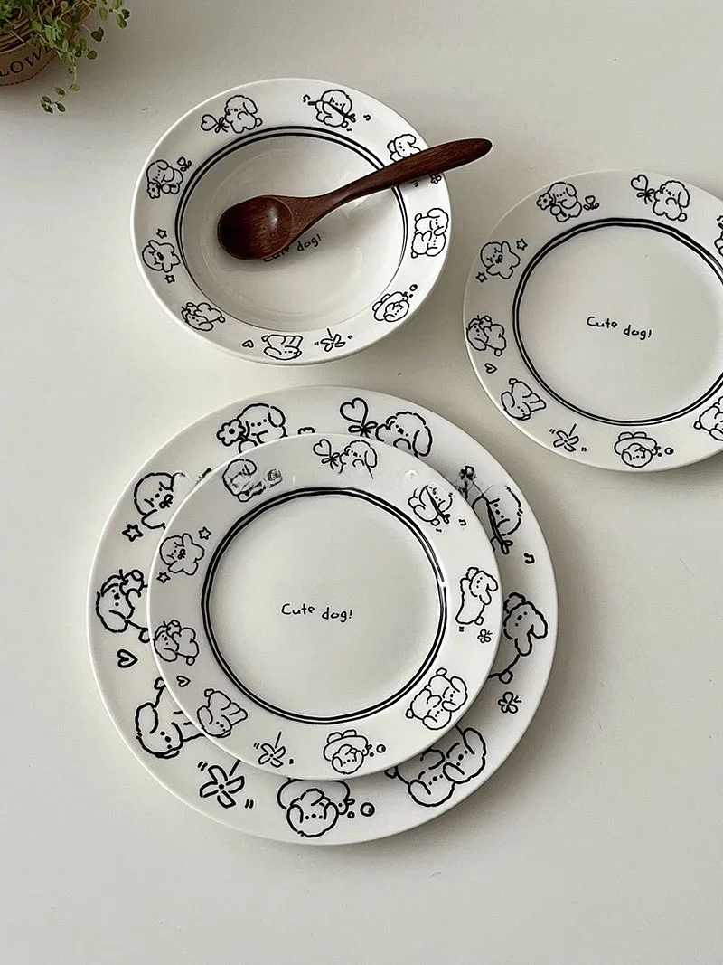 Cute Little Dog Bone Ceramic Plate Salad Yogurt Bowl Dining Utensils Sugar Miss Trendy Cartoon Style Korean Version Home Use