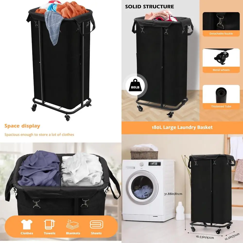 

Корзина для белья на колесиках, емкость 47,55 галлонов, 180 литров, корзина на колесиках с металлическим каркасом для организации стирки белья