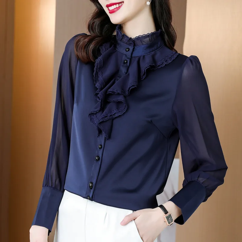 #2539 Spring2023 Blue Office Chiffon Blouse Women Ruffles Stand Collar Vintage Shirt Female Long Sleeve Office Women Shirts Slim