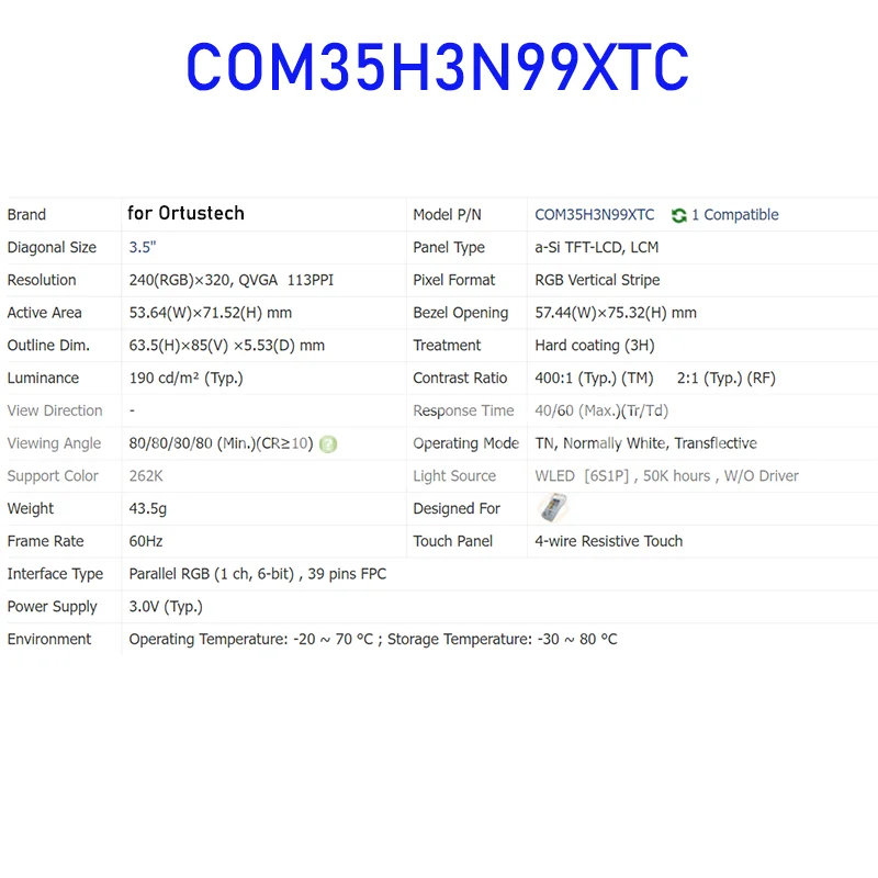 Ortustech용 오리지널 LCD 디스플레이 스크린 패널, COM35H3N99XTC, 100% 테스트 완료, 신제품, 빠른 배송, 3.5 인치