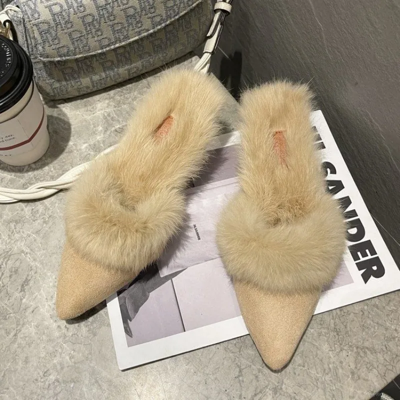 Winter New Fur Slippers Women Elegant Fashion Pointed Toe Mules Lady High Heel Shoes Female Sexy Chunky Warm Slides Black 34-42