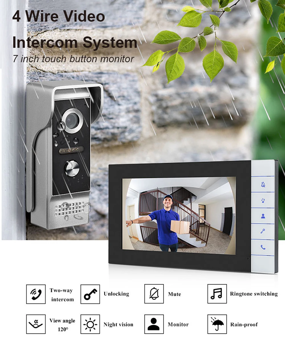 New 7 inch Wired Video Intercom System Video Entry Door phone Doorbell LCD Monitor + IR Camera Kits for Home Villa Apartment