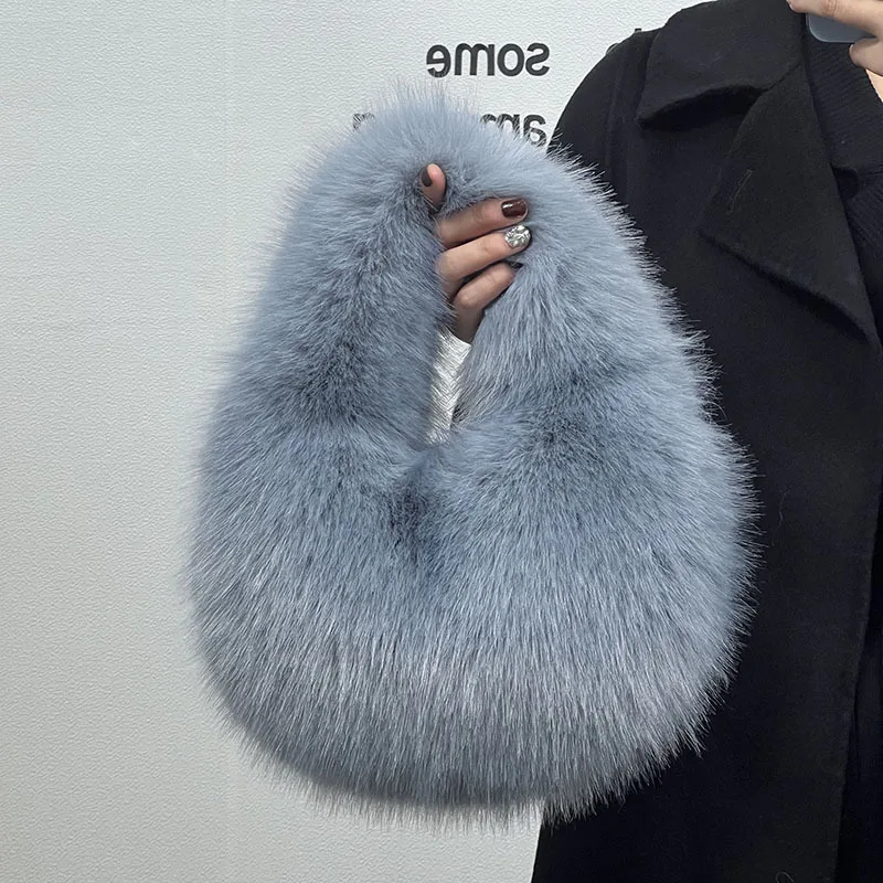 Fashion Soft Plush Half Moon Bags for Women Designer Fluffy Faux Fur Lady Handbags Luxury Small Tote Female Winter Purses 2023