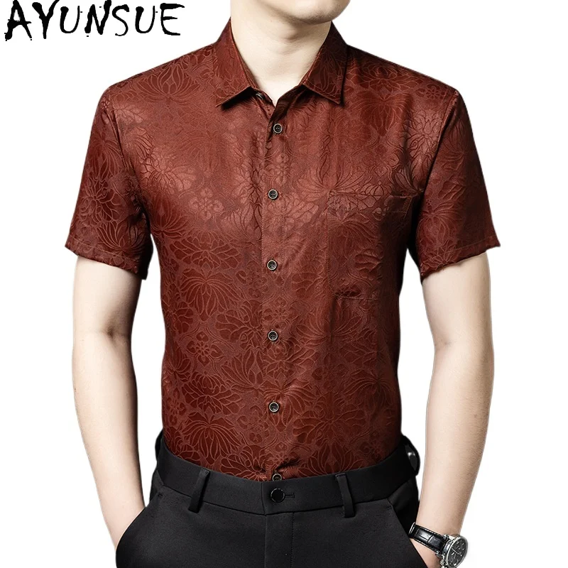 

AYUNSUE 100% Natural Mulberry Silk Shirt for Man High Quality Summer Top Xiangyunsha Floral Shirts Men Short Sleeve Black Shirt