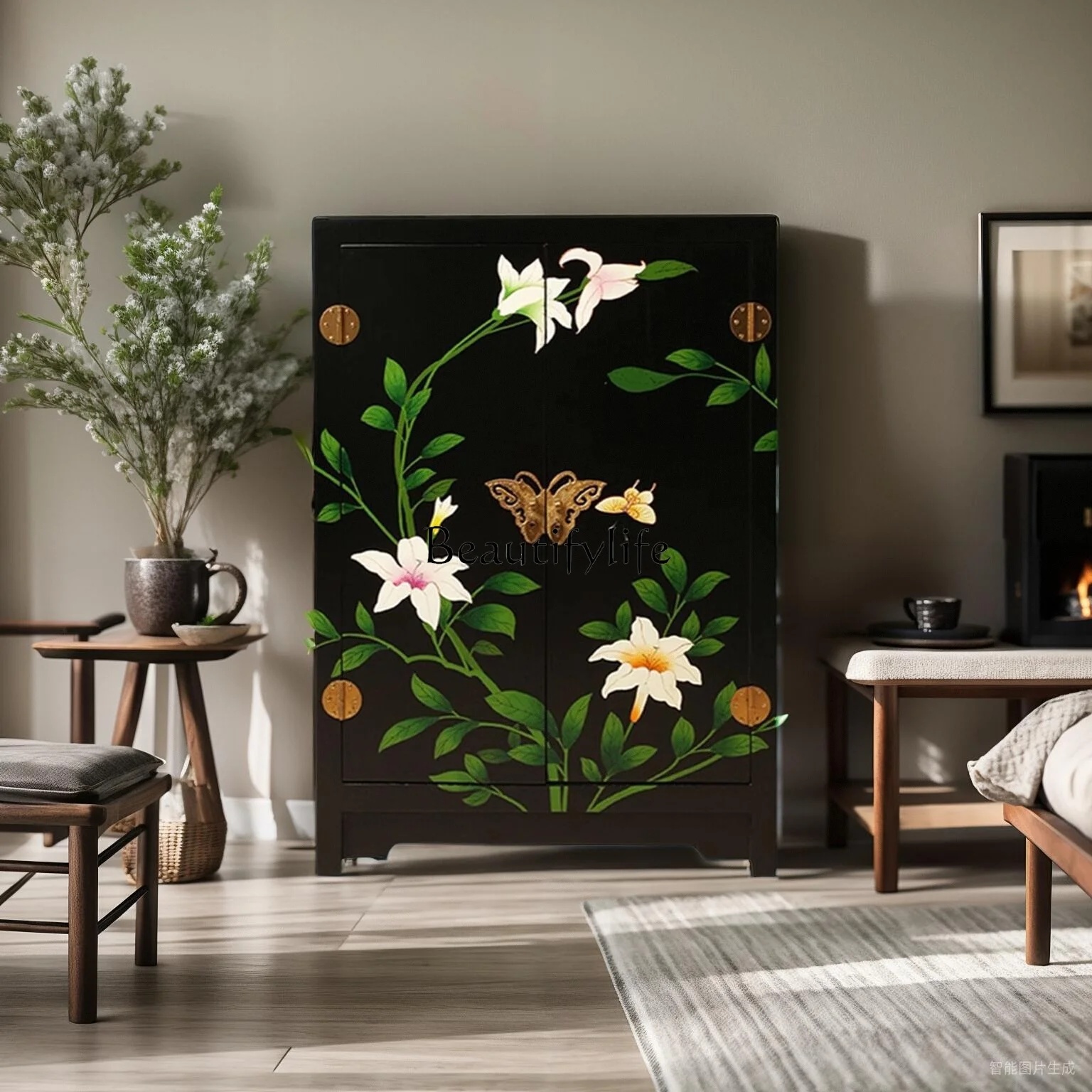 

New Chinese furniture painted lily cabinet entrance wine cabinet cabinet