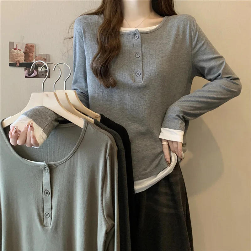 Fake Two Piece Tees Spliced Women Tops T Shirt Long Sleeve Casual Shirt Loose Pullover Autumn Slight Strech Basics Sports Shirt
