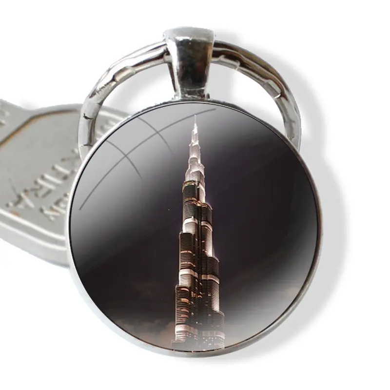 Dubai Burj Khalifa Tower Building Keychain Handmade Glass Cabochon Key Ring Holder Pendant Key Chains Funny Gift Design Creative