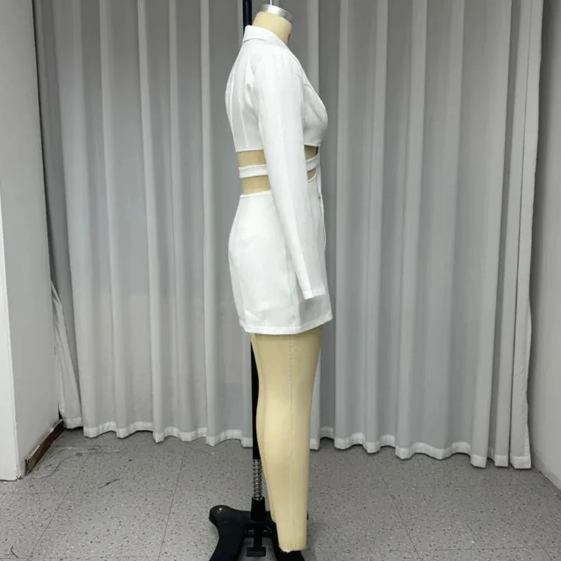 Sexy Cutout Straight Dress 2025 Autumn New Europ-American Style Women's Fashion Slim Waist Blazer Collar Pure Desire Vibe Dress