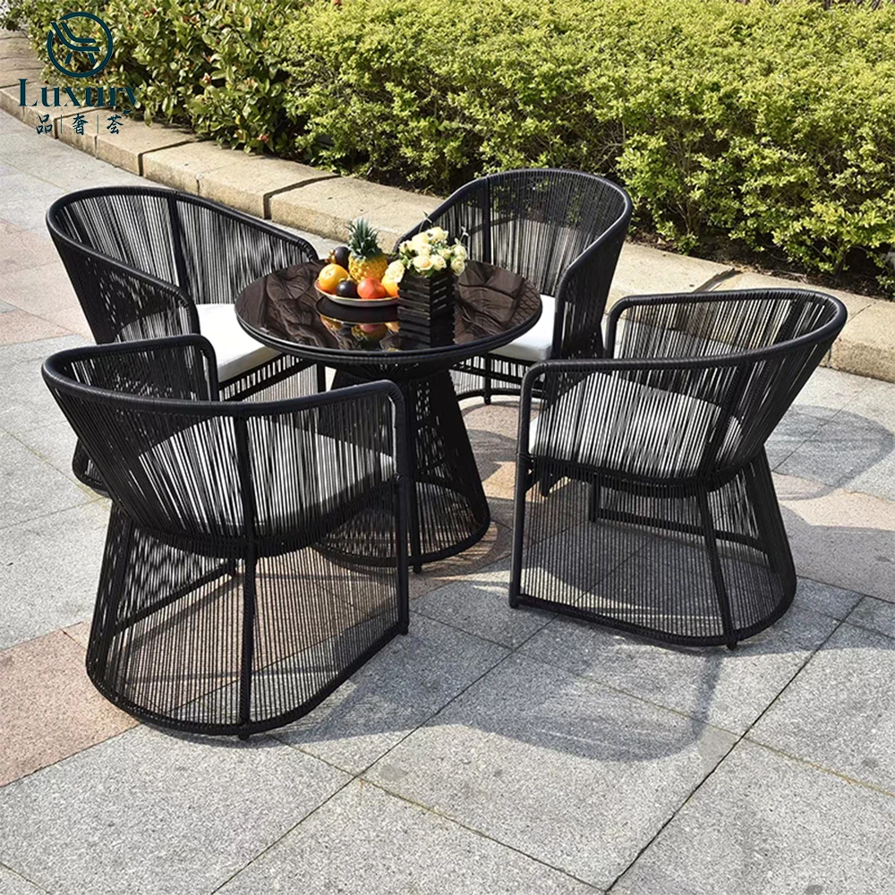 European Style Five-Piece Outdoor Rattan Chair Furniture Set Wrought Iron Tables and Chairs for Balcony or Courtyard