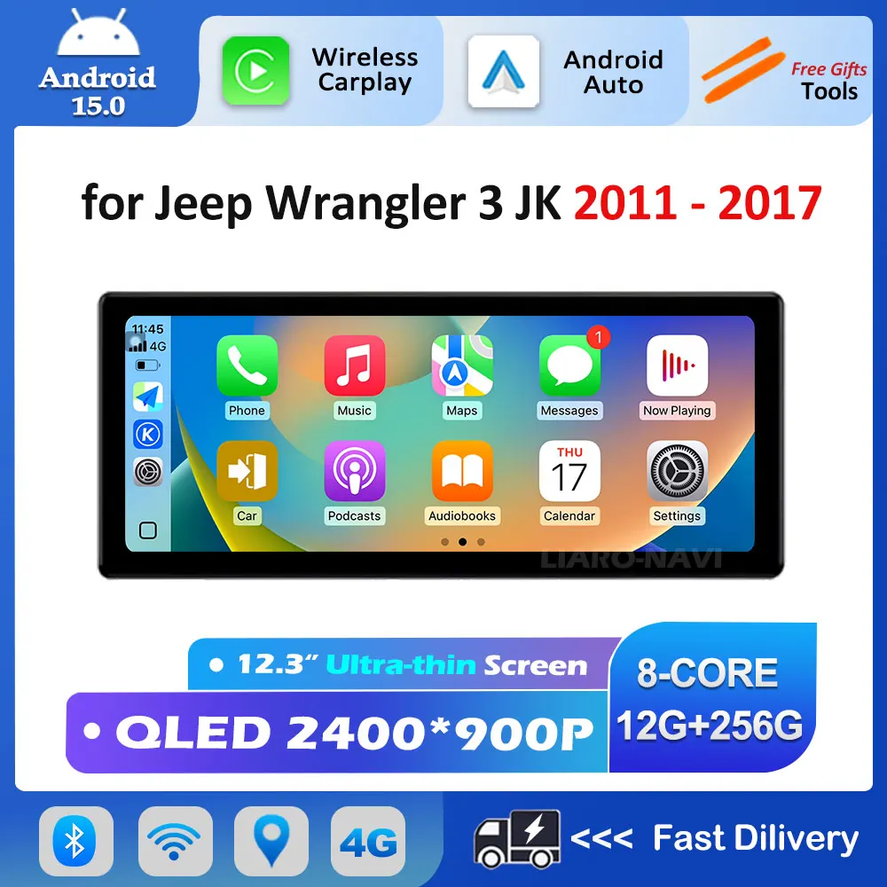 GPS Auto Video Multimedia Player Android 15 für Jeep Wrangler 3 JK 2011-2017 WiFi BT QLED 2400*900P HD Bildschirm Drahtlose Carplay