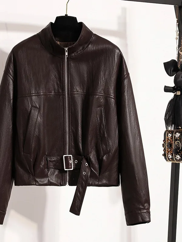 

Autumn Winter Coffee Color Zipper Short PU Leather Jacket Motorcycle Jacket Outerwear Large Size British Style Women's Fashion
