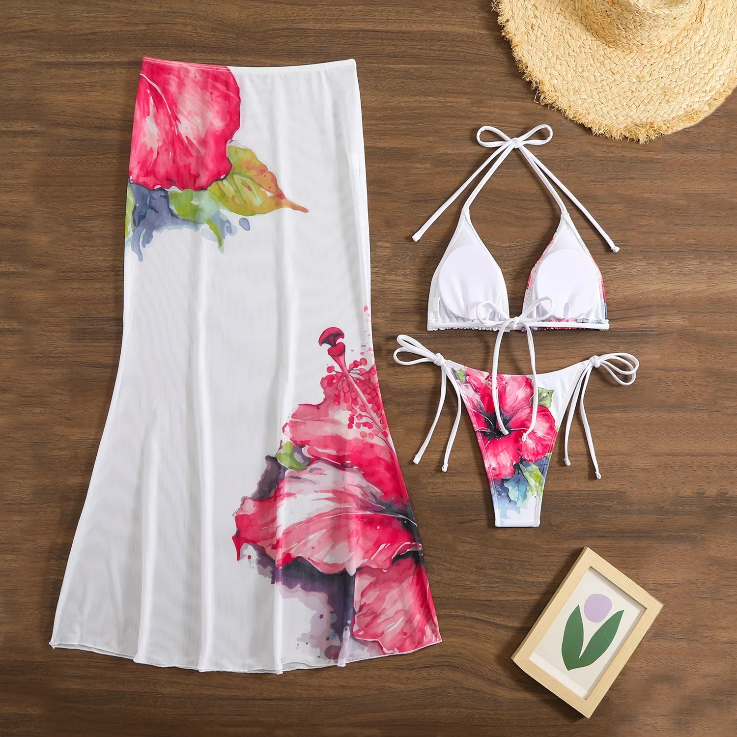Traje de baño Sexy personalizado estampado para mujer con falda de Vestido de playa de encaje conjuntos de Bikini de 3 piezas traje de baño ropa de playa trajes de baño
