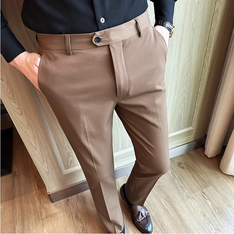 

Осень 2024, новые однотонные повседневные классические брюки с высокой талией, мужские узкие брюки высокого качества, официальные свадебные брюки для вечеринок