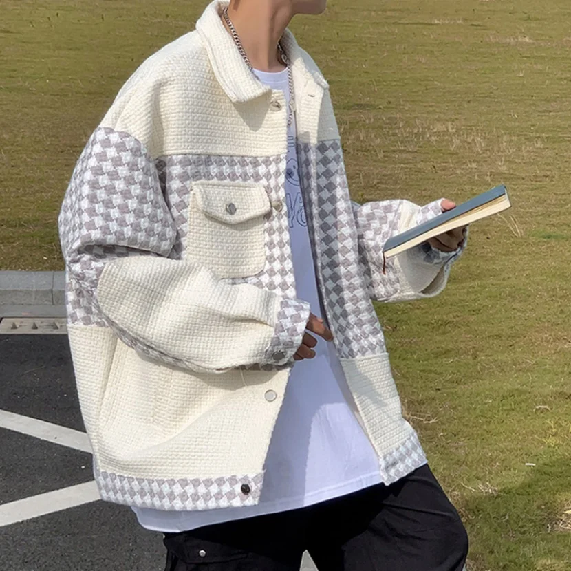 

Повседневная свободная мужская куртка на весну-осень в клетку с контрастными вставками, модная городская ветрозащитная куртка с длинными рукавами