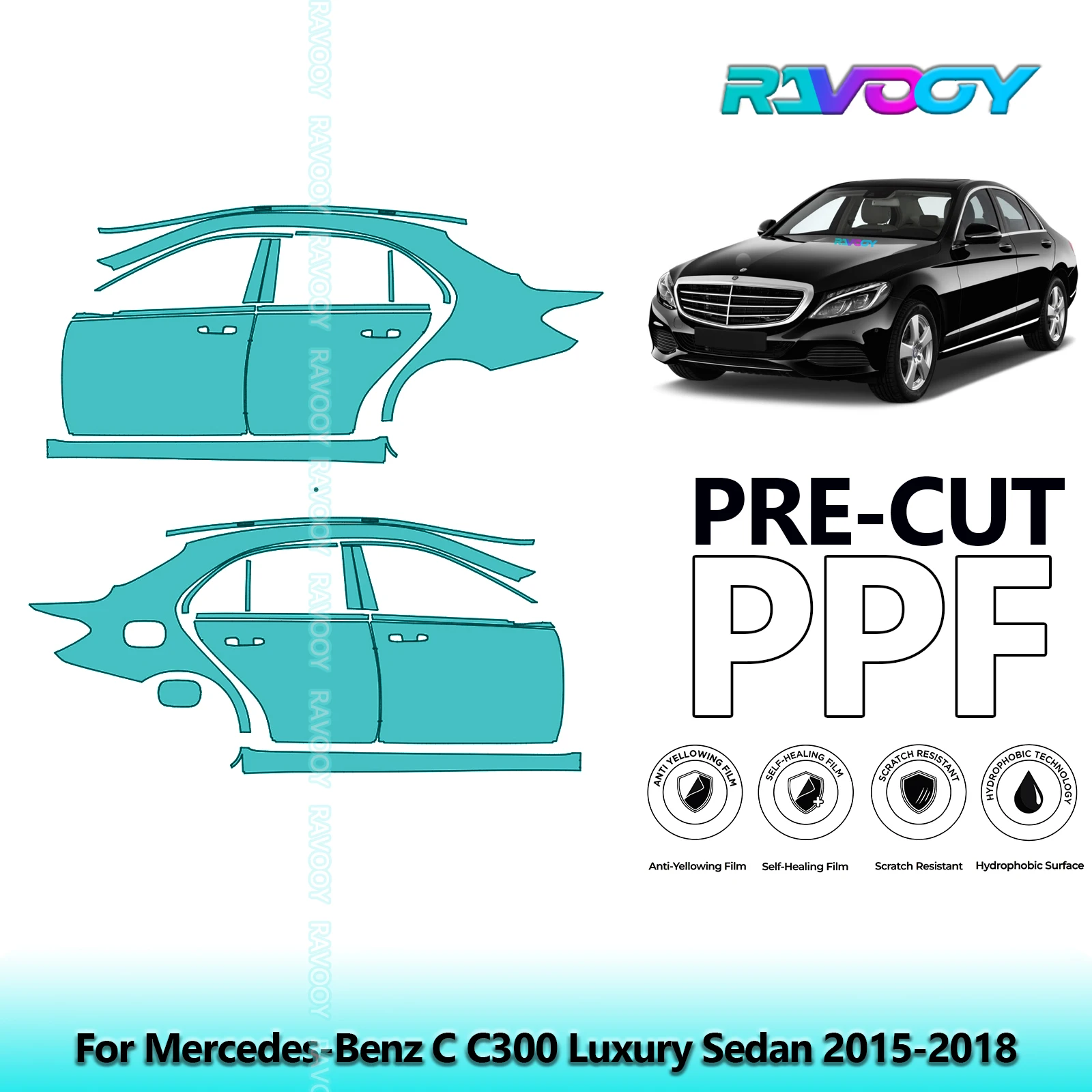 

For Mercedes-Benz C C300 Luxury Sedan 2015-2018 8.5mil Pre-Cut PPF Door & A/B Pillar Kit TPU Paint Protection Film Set