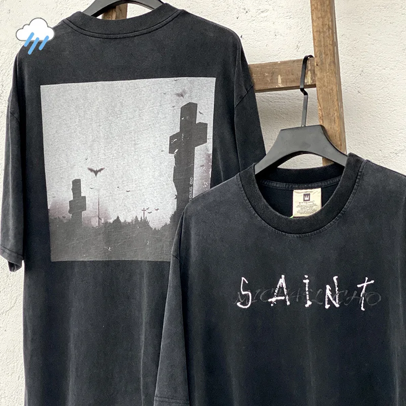 

Summer Style Streetwear Oversized Classic Logo Printing Saint T-Shirt Men Women Vintage Washed Black T Shirt Tee