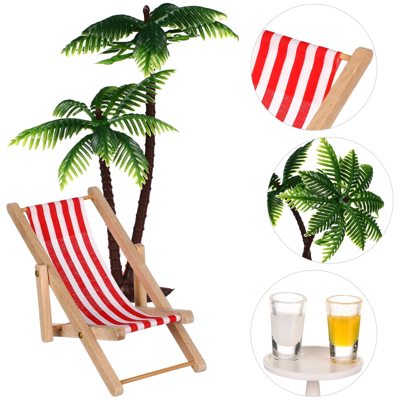 Beach Micro Landscape Miniature Set Mini Palm Trees Parasols Deckchairs Beverages Round Coffee Table Ornament for House