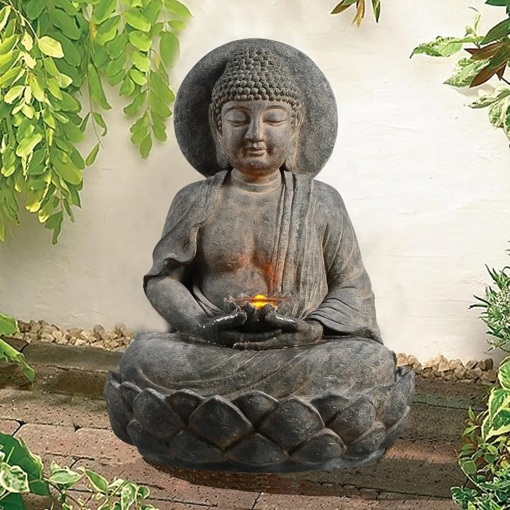 

Buddha Zen Statue Water Fountain with LED Light and Pump for Outdoor Patio Garden Backyard Decking, 28 Inch Height, Stone Gray