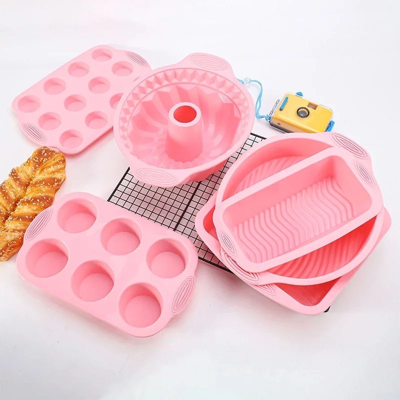 Pink Nonstick Silicone Bakeware Set, Cake Pan, Pastry, Muffin, Cupcake, Bread Molds, Baking Tools