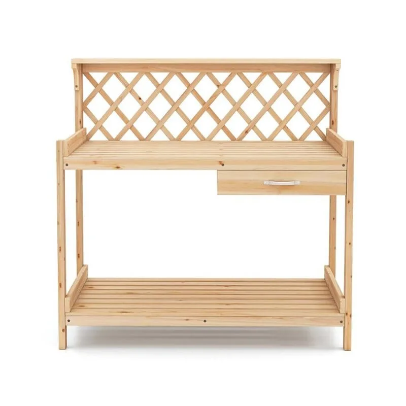 Garden Potting Bench Table Wooden Planting Workstation with Lattice Trellis for Hanging Ornaments or Supporting Vines