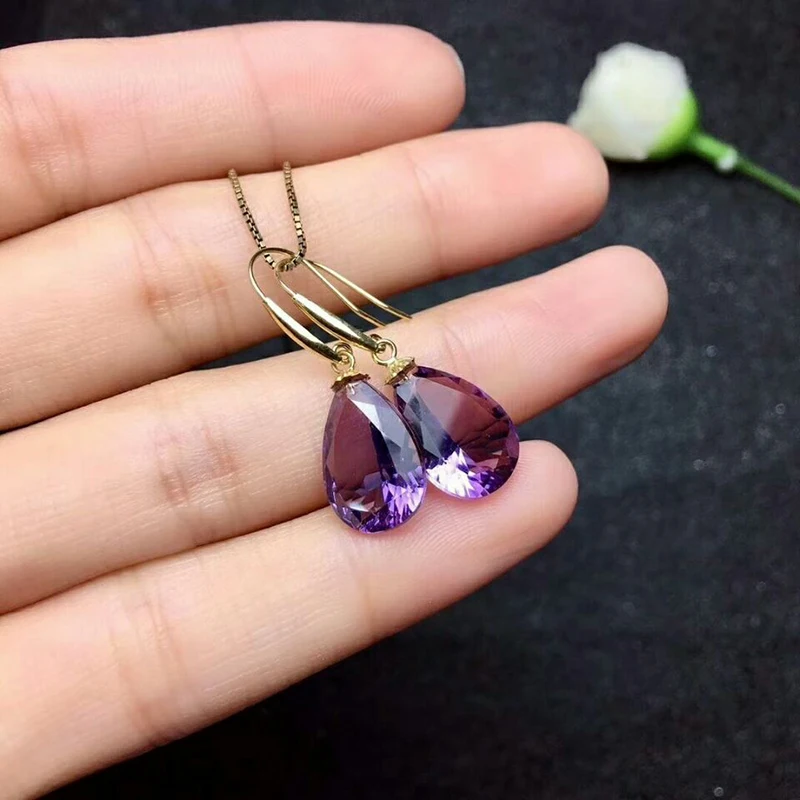 

MeiBaPJ Natural Amethyst Gemstone Water Drop Earrings Necklace Set Real 18K Pure Gold Purple Stone Fine Charm Jewelry for Women