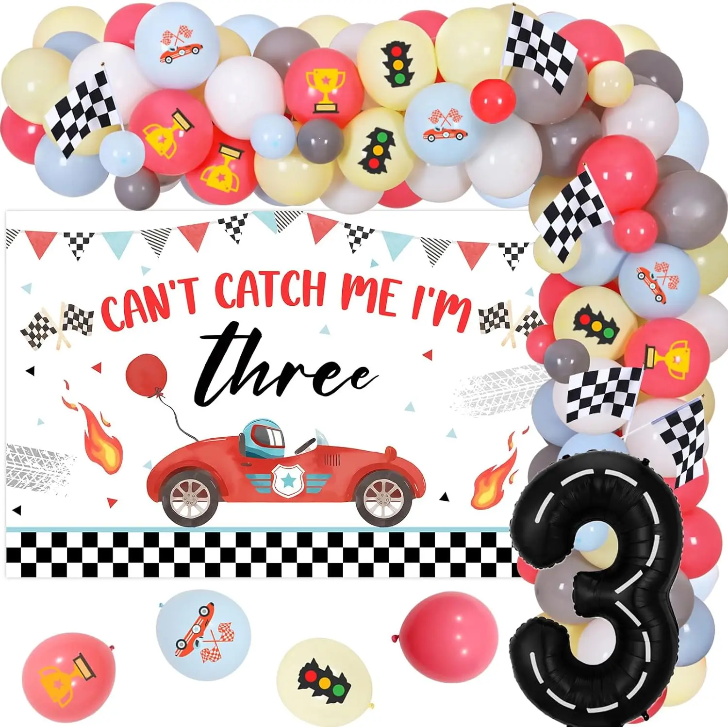 Race Car 3rd Birthday Party Decor Can’t Catch Me I’m Three with Balloons Garland Arch Kit and Backdrop Poster Vintage Red