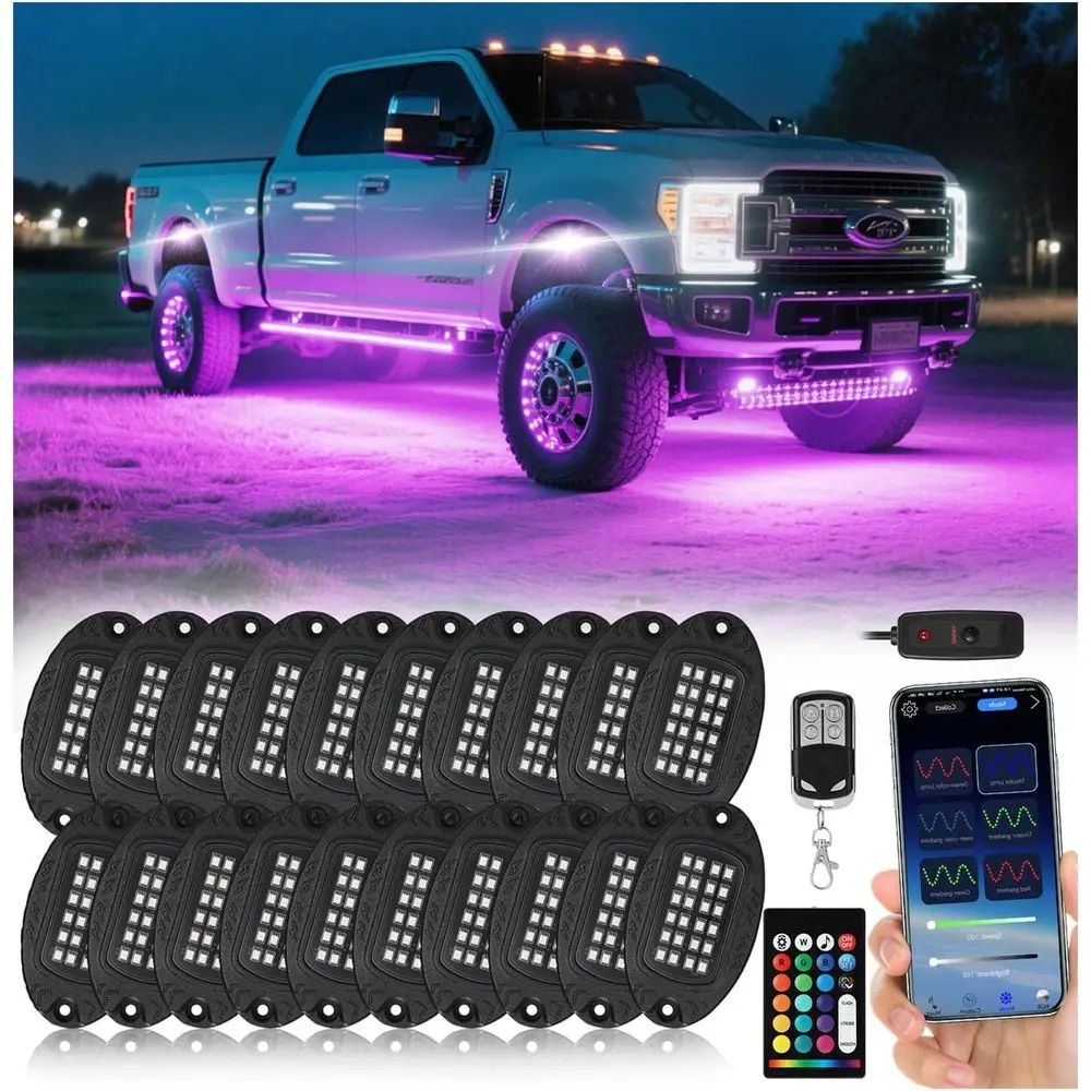 20 Pods Segmented Alloy RGB LED Rock Lights or Semi Trucks Trailer Pickup Oroad Boat RV, Waterproo Shockproo Metal Underglow Kit