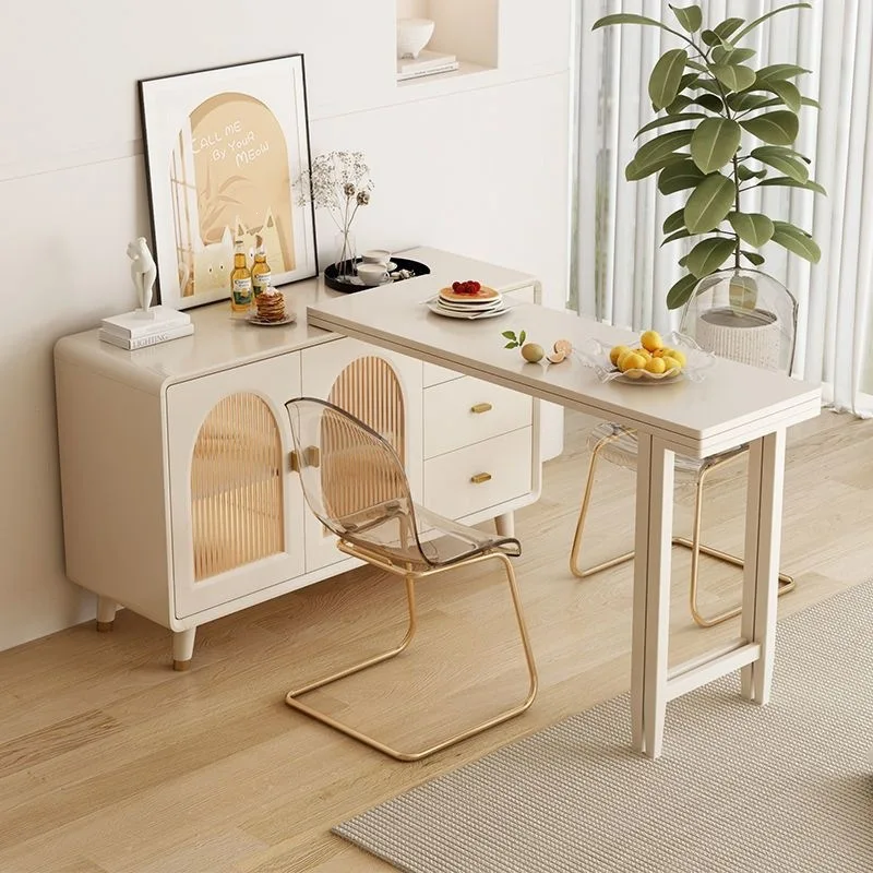 Cream style, foldable, dining table and side cabinet integrated against the wall, modern simplicity, storage