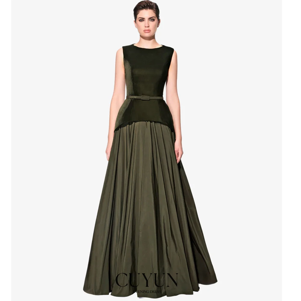 CUYUN Patchwork Women Evening Dresses Scoop Collar Sleeveless Party Dresses Fashionable A Line Draped Banquet Gown